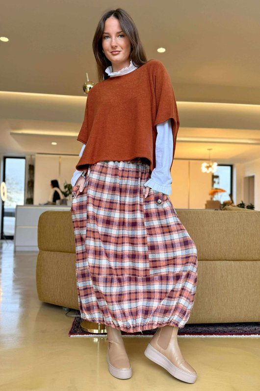 Roberta Plaid Brushed Cotton Balloon Hem Skirt Amber
